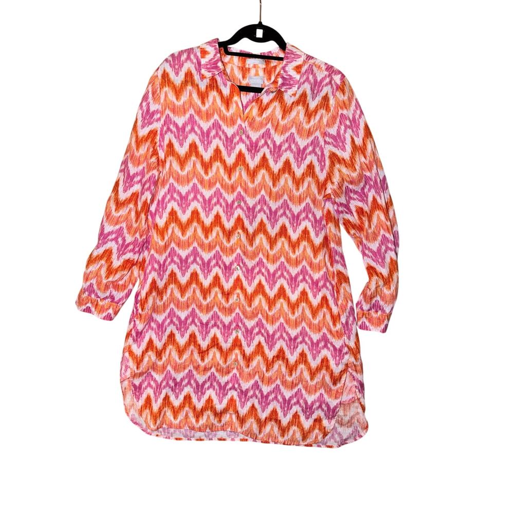 Chicos 100% linen button front orange pink chevron dress long sleeve roll tab 14